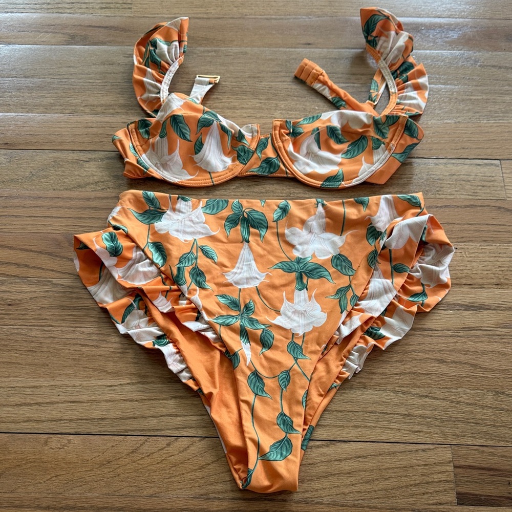 Agua by Agua Bendita Orange Floral Ruffle Bikini Set